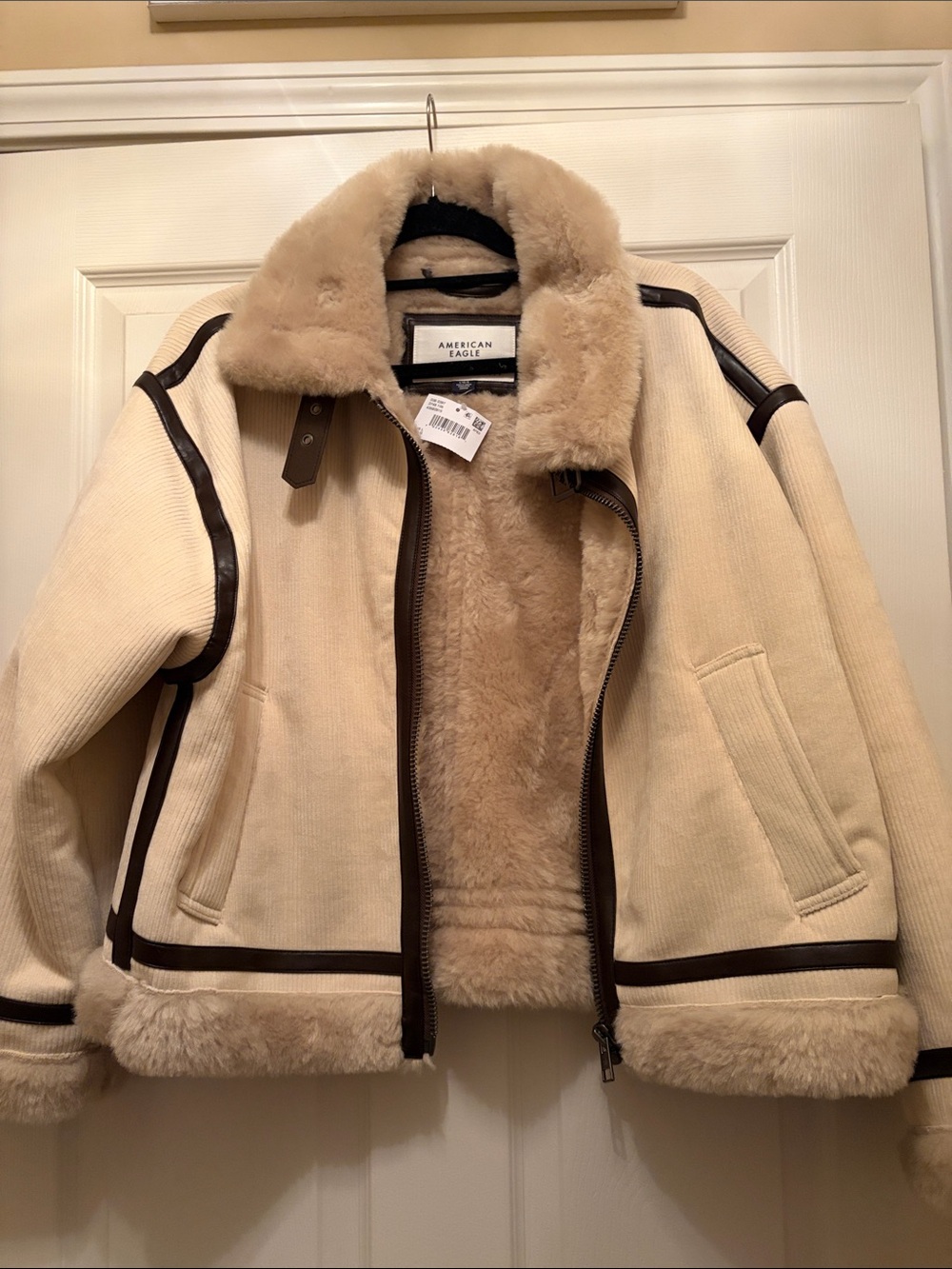 American Eagle Outfitters Cream Shearling Bomber Jacket with Brown Trim